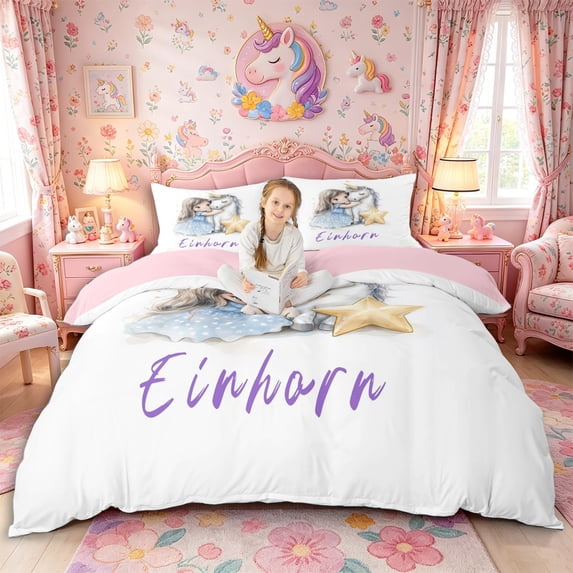 Metsweet Watercolor Magic Horse Duvet Cover Queen, Dreamy Princess Unicorn Queen Bedding, Blue White,Pink Reversible,3-Piece,1 Duvet Cover and 2 Pillowcases