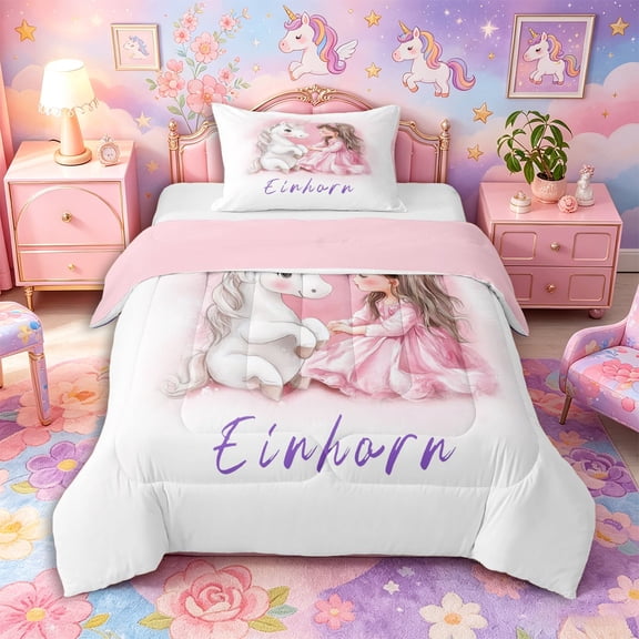 Aikeke Watercolor Princess Unicorn Twin Comforter Sets 2pcs, Girly Magical Horse Bedding Set, Pink White,Pink Reversible,1 Comforter and 1 Pillowcase