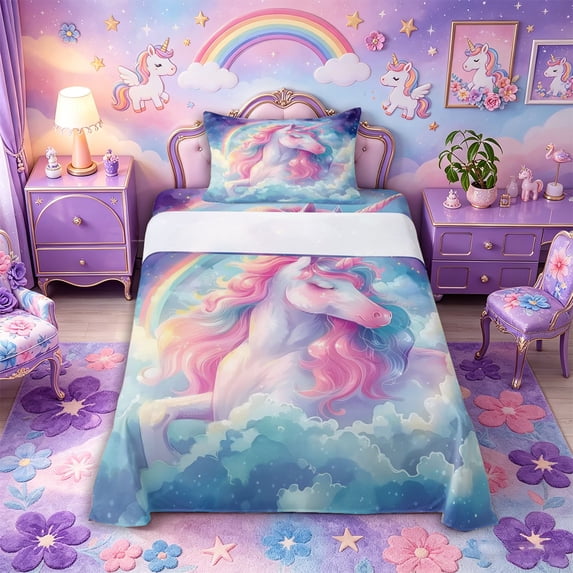 Metsweet Watercolor Unicorn Twin Sheets 3pcs, Kawaii Magical Horse Bedding, Blue Pink,1 Fitted Sheet, 1 Flat Sheet and 1 Pillowcase