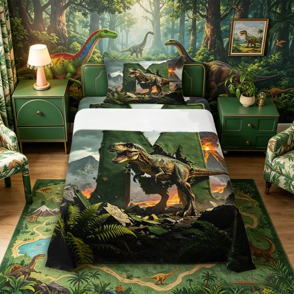 Metsweet Wildlife Dinosaur Initial M Twin Sheets 3pcs, Jungle Tyrannosaurus Rex Bedding, Green Rock Gray,1 Fitted Sheet, 1 Flat Sheet and 1 Pillowcase