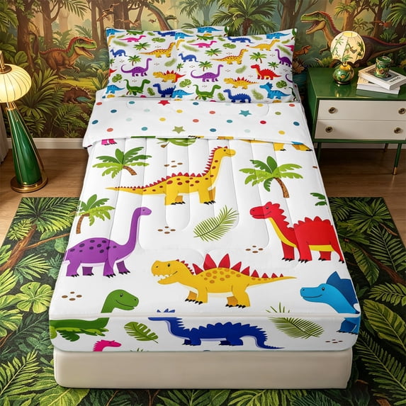 Metsweet Wildlife Dinosaur Zipper Twin Comforter Sets with Fitted Sheet and 2 Pillowcases, Cute Animal Zipper Bedding Set, Blue Red White,4-Piece