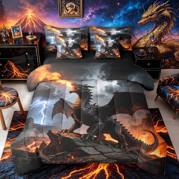 Metsweet Wildlife Dragon King Bedding 7pcs, Abstract Flame King Bed in a Bag, Black Orange Gray,Black Reversible