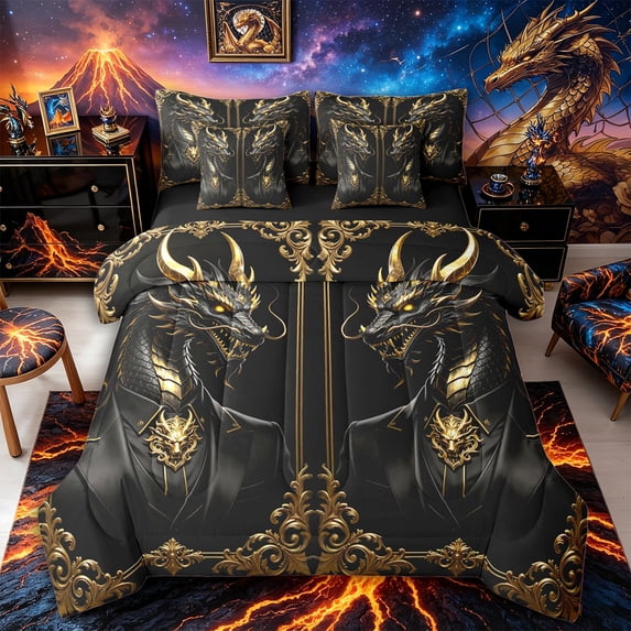 Metsweet Wildlife Dragon Queen Bedding 7pcs, Boho Hippie Damask Bedding Comforter Set Queen, Black Gold,Black Reversible