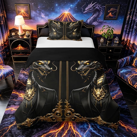 Aikeke Wildlife Dragon Twin Duvet Cover, Boho Hippie Damask Twin Bedding, Black Gold,Black Reversible,2pcs,1 Duvet Cover and 1 Pillowcase