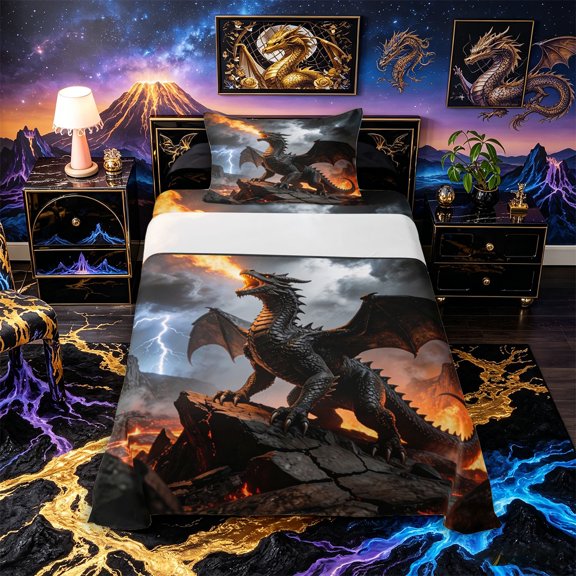Metsweet Wildlife Dragon Twin Sheets 3pcs, Abstract Flame Bedding, Black Orange Gray,1 Fitted Sheet, 1 Flat Sheet and 1 Pillowcase