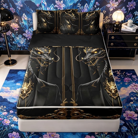 Metsweet Wildlife Dragon Zipper Twin Comforter Sets with Fitted Sheet and 2 Pillowcases, Boho Hippie Damask Zipper Bedding Set, Black Gold,4-Piece,Black Reversible