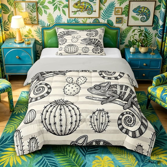 Aikeke Wildlife Lizard Twin Comforter Sets 2pcs, Vintage Cactus Stripes Bedding Set, Black White Gray,Grey Reversible,1 Comforter and 1 Pillowcase