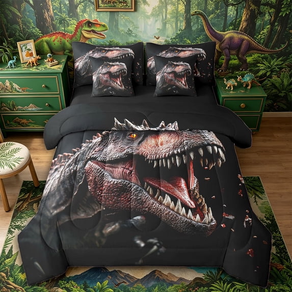 Metsweet Wildlife T-Rex Queen Bedding 7pcs, Abstract Dinosaur Bedding Comforter Set Queen, Brown Black,Black Reversible