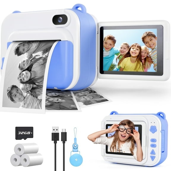 Aikidkit Kids Camera Instant Print with 2.4in Flip Screen and 32GB SD Card, Toy Camera for Girls Boys 3-12 Years Best Birthday Gifts, Blue