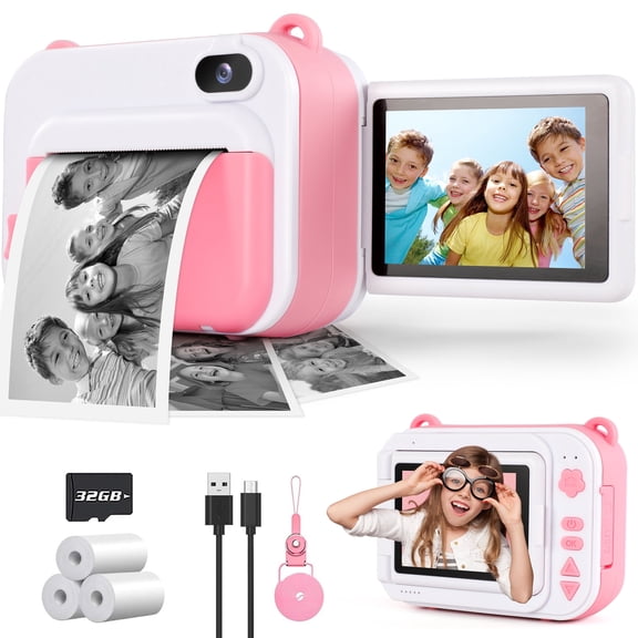 Aikidkit Kids Camera Instant Print with 2.4in Flip Screen and 32GB SD Card, Toy Camera for Girls Boys 3-12 Years Best Birthday Gifts, Pink