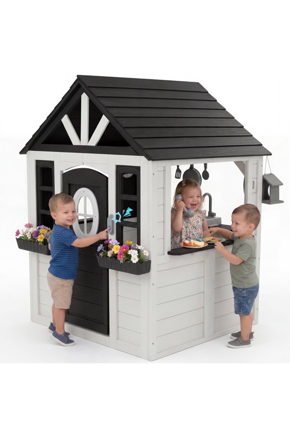 Kids Outdoor Playhouse, Wooden Playhouse with Play Kitchen, Working Doorbell, Bird Cage, Pet Door, Backyard Casa de CampaA Para NiOs Country Style, Black & White