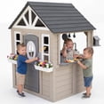 thumbnail image 1 of AiKidKit Kids Outdoor Playhouse, Wooden Playhouse with Play Kitchen, Working Doorbell, Bird Cage, Pet Door, Backyard Casa de CampañA Para NiñOs Country Style, Gray & Beige, 1 of 13