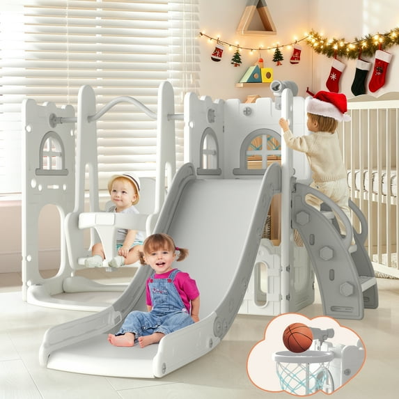 Aikidkit 6-in-1 Toddler Slide PlaySet for kids indoor/outdoor for Toddlers Aged 6-36 Months (Grey & White)