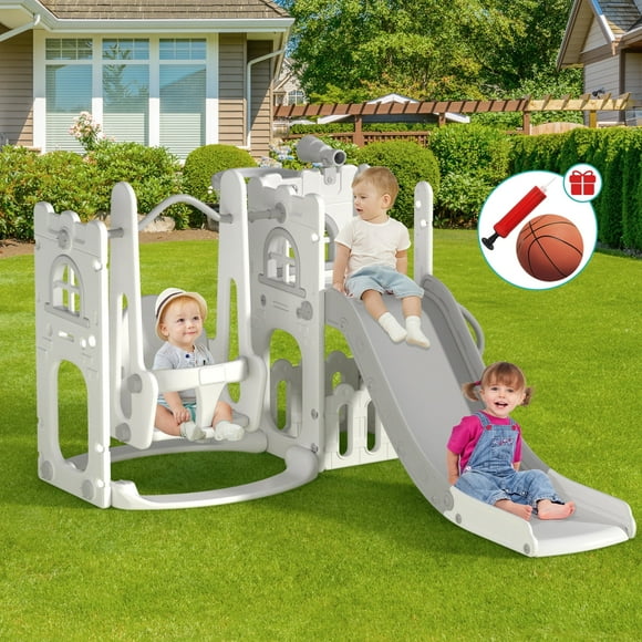 Aikidkit Toddler Slide and Swing Set, Indoor Outdoor 6 in 1 Kids Slide for Toddlers Age 6-36 Months, Toddler Playset Toddler Playground with Climber, Basketball Hoop and Telescope (White & Gray)