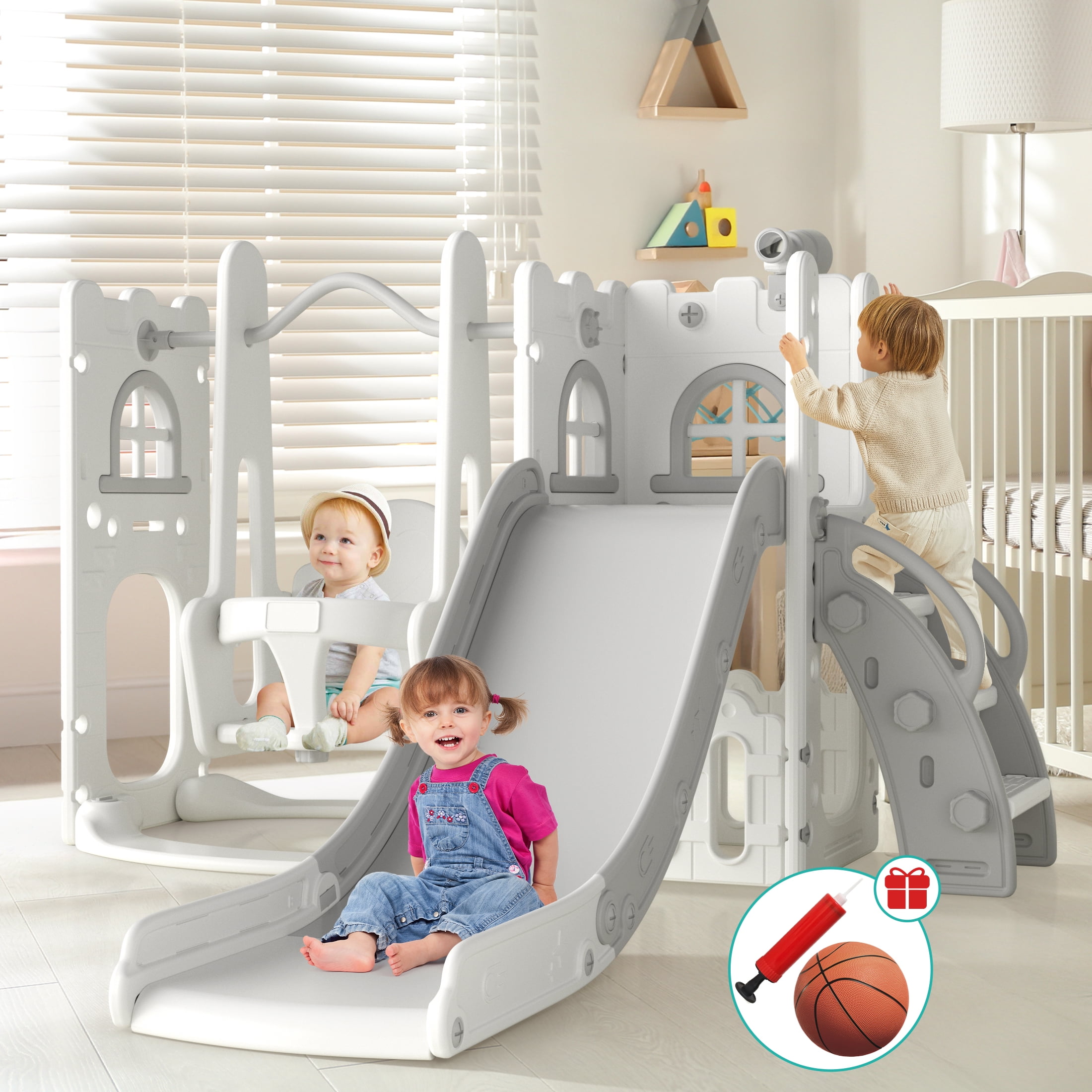 AIKIDKIT 6-in-1 Toddler Slide and Swing Set, Indoor Outdoor
