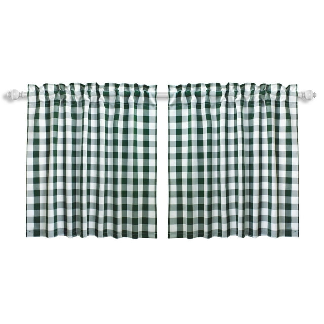 Aiking 2 Panels of 28" x 24" Picnic Plaid Rod Pocket Kitchen Curtains / Cafe Tiers, Polyester, Hunter and White
