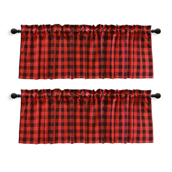 Aiking 2 Panels of 56" x 14" Picnic Plaid Rod Pocket Window Curtain Valances, Polyester, Black and Red