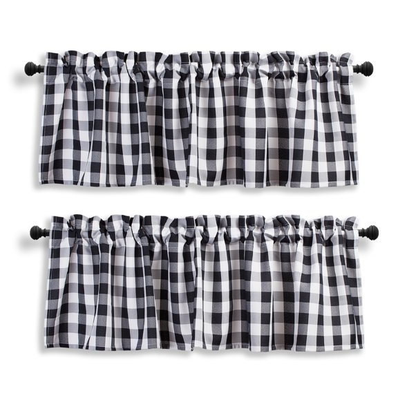 Aiking 2 Panels of 56" x 14" Picnic Plaid Rod Pocket Window Curtain Valances, Polyester, Black and White