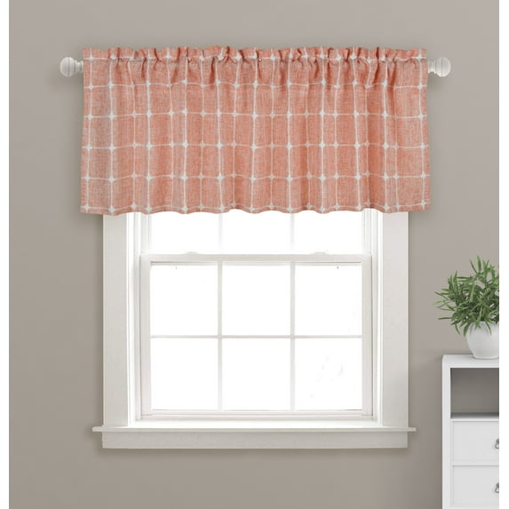 Aiking 2 Panels of Plaid Embroidered 16 inch Length Rod Pocket Window Valances (56 in by 16 in / each panel, Coral)