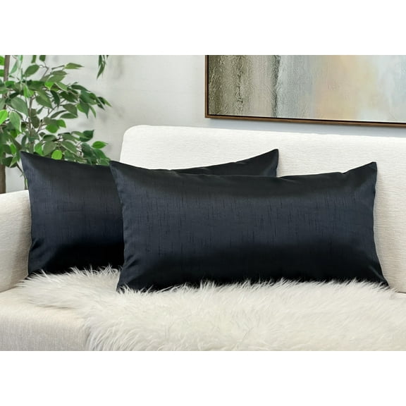 Aiking Home 12x24 Inches Faux Silk Rectangular Throw Pillow Cover, Zipper Closure, Black (Set of 2)