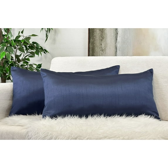 Aiking Home 12x24 Inches Faux Silk Rectangular Throw Pillow Cover, Zipper Closure, Navy (Set of 2)