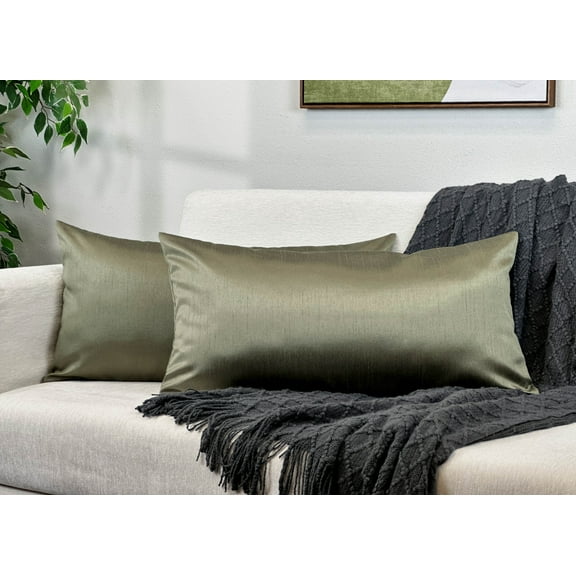 Aiking Home 12x24 Inches Faux Silk Rectangular Throw Pillow Cover, Zipper Closure, Sage (Set of 2)