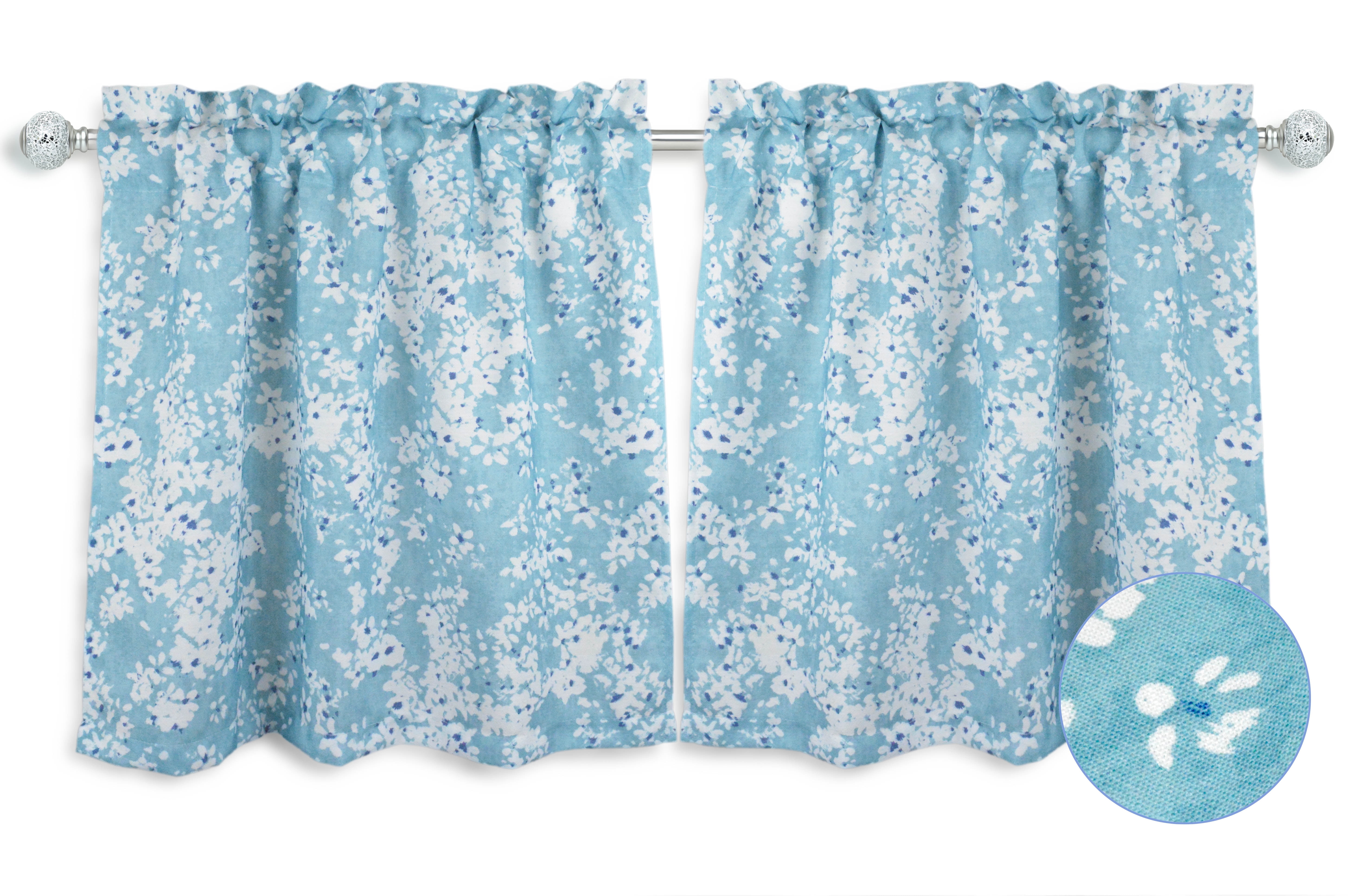 Aiking Home Collection Aqua Blooms Printed Kitchen Tier Curtains, 28” x ...