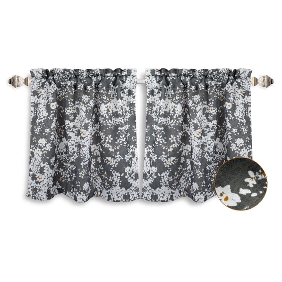 Aiking Home Collection Blooms Steel Grey Floral Printed Kitchen Tier Curtains, 28” x 30” (2 Panels)