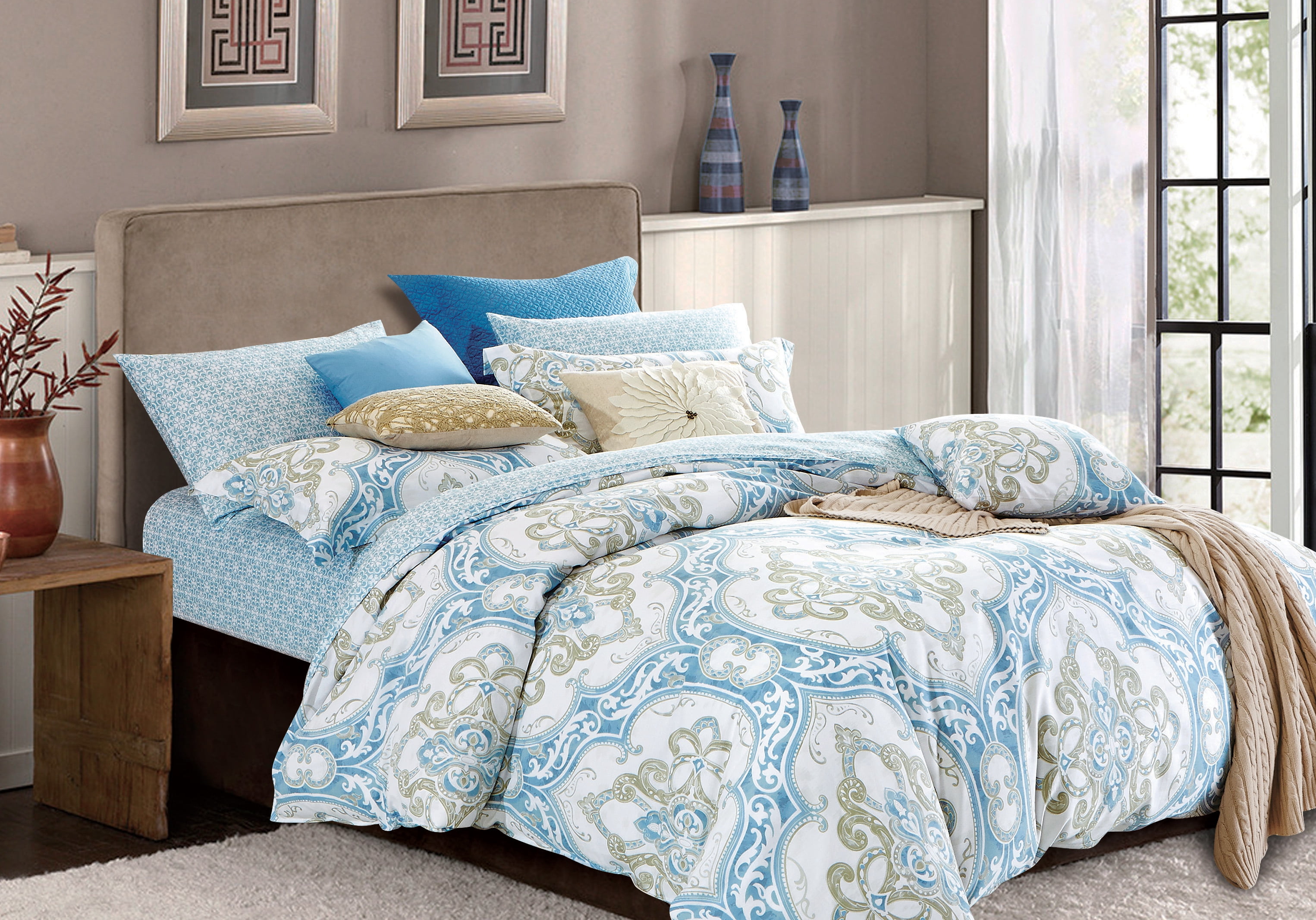 King Size Blue and Beige Cotton Medallion Duvet Cover Set