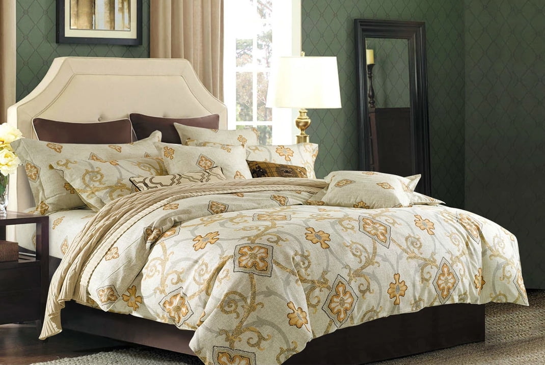 Mystery Beige and Gold Cotton Print Duvet Cover Set, Full/Queen