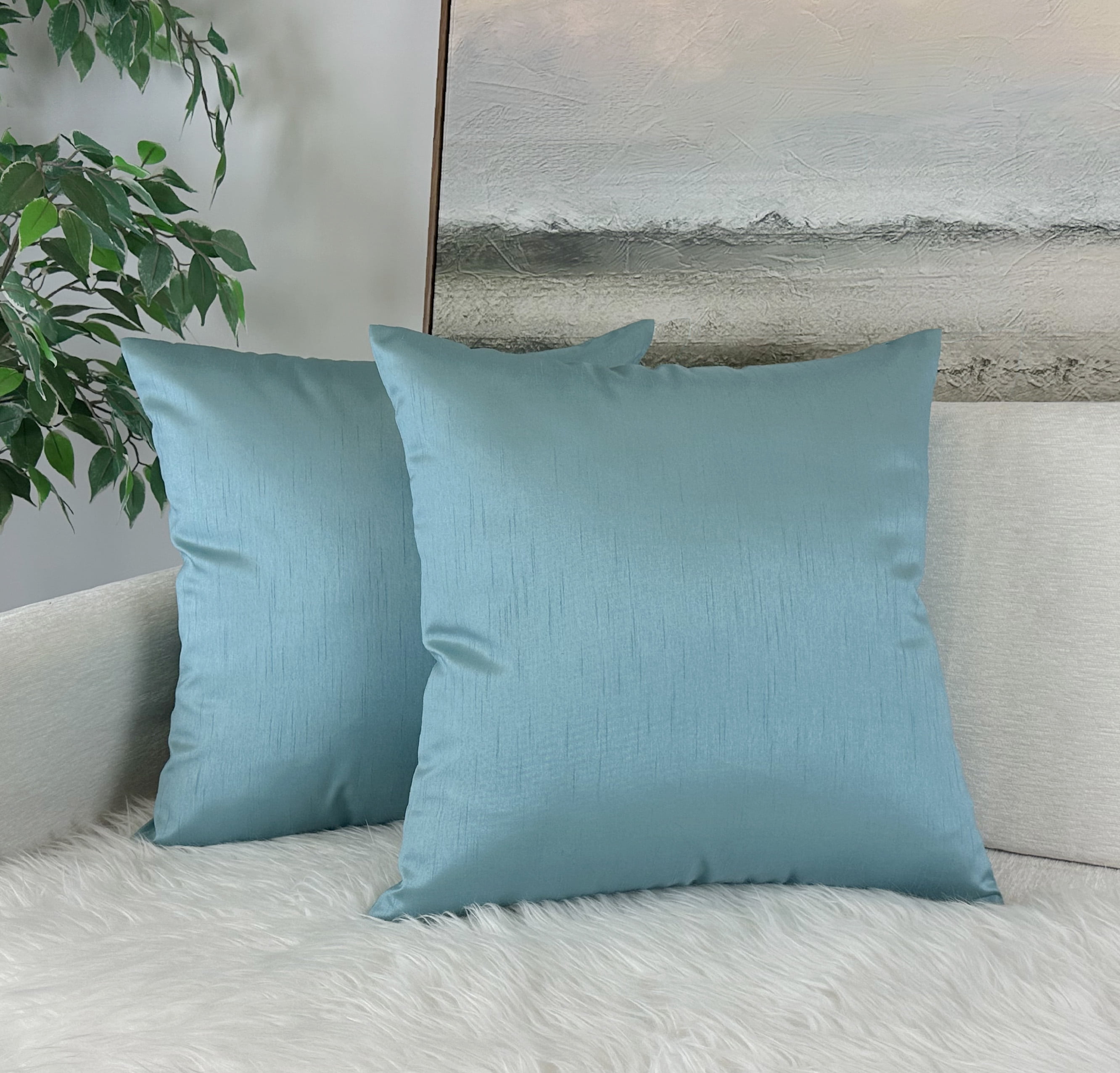 Aiking Home Solid Faux Silk Euro Shams Set of Two 26 x 26 inch, Aqua ...