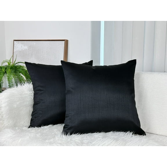 Aiking Home Solid Faux Silk Euro Shams Set of Two 26 x 26 inch, Black