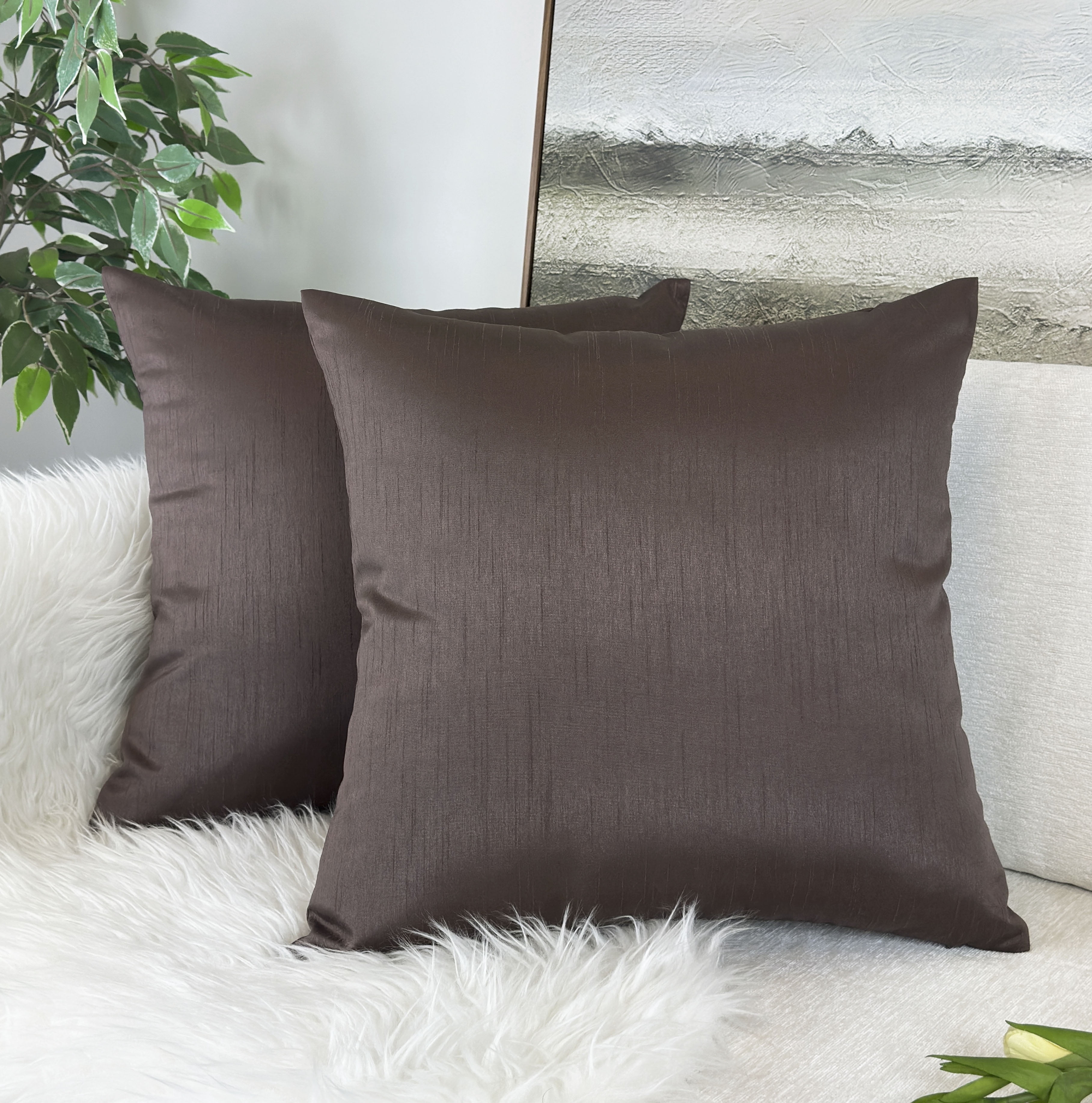 Aiking Home Solid Faux Silk Euro Shams Set of Two 26 x 26 inch, Brown ...