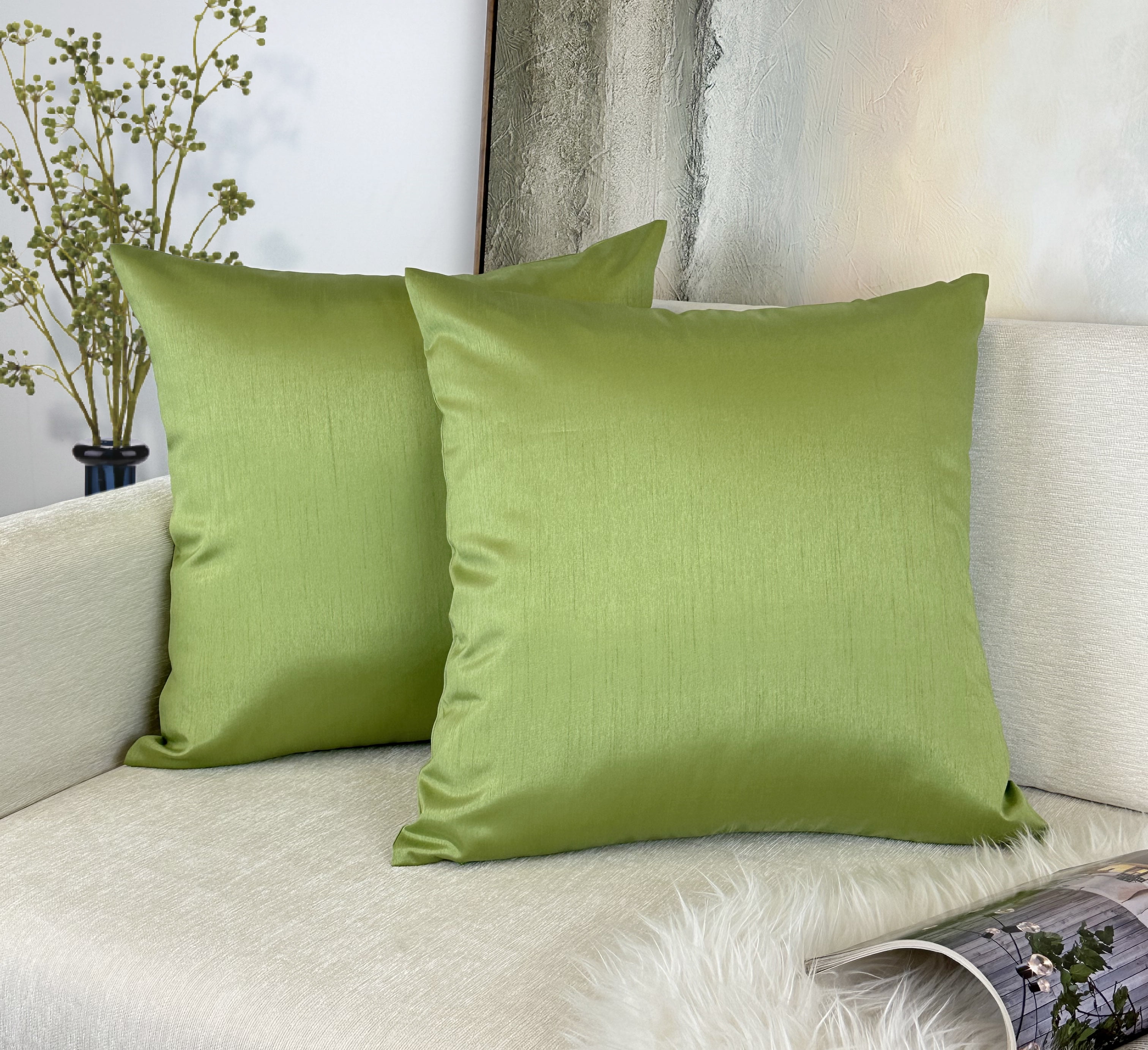 Aiking Home Solid Faux Silk Euro Shams Set of Two 26 x 26 inch, Green