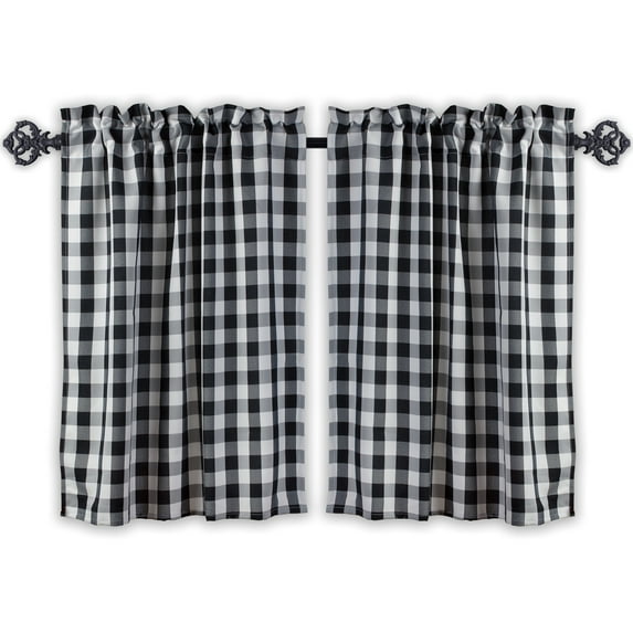 Aiking Home Tiers Small Window Treatment Curtain - 2-Panels Picnic Checkered Pattern Kitchen Curtain Tiers with 2.5-inch Rod Pocket, Polyester (28x30 inch, Black/White)