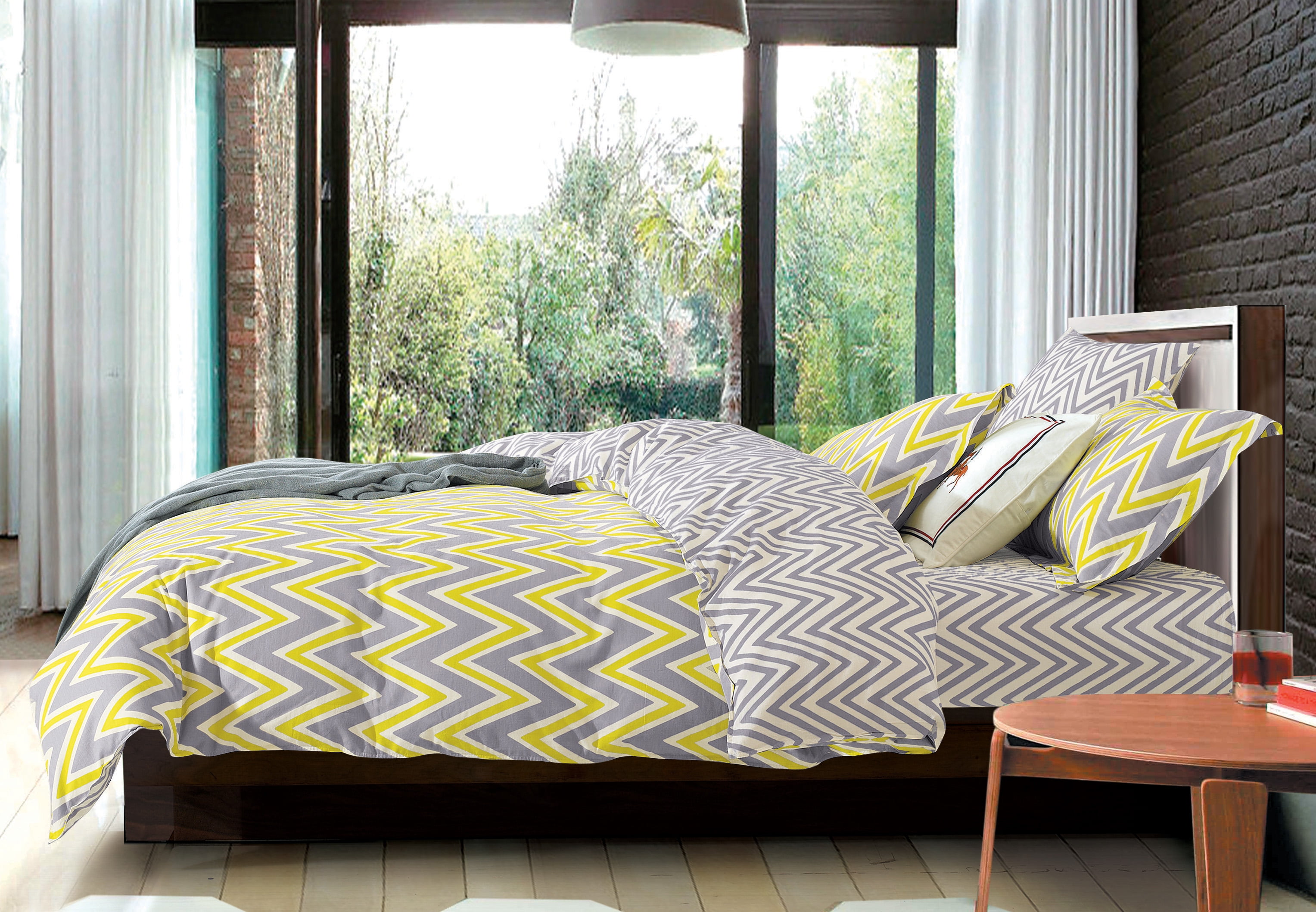 Aiking Home Yellow Grey Chevron 3PC Print Duvet Cover Set, 100% Cotton, Full/Queen