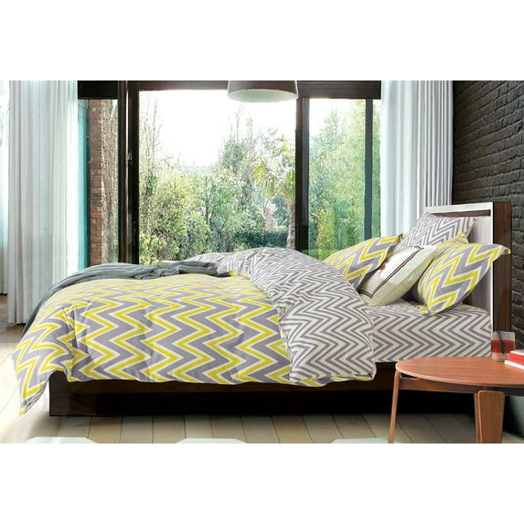 Aiking Home Yellow Grey Chevron 3PC Print Duvet Cover Set, 100% Cotton, Full/Queen