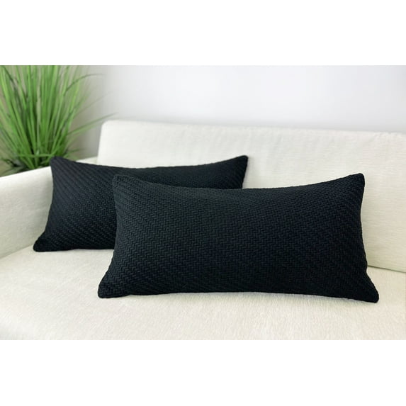 Aiking Pack of 2 Soft Decorative Knitted Double-Cable Sweater Cozy Throw Pillow Covers, 12x24 inch, Black