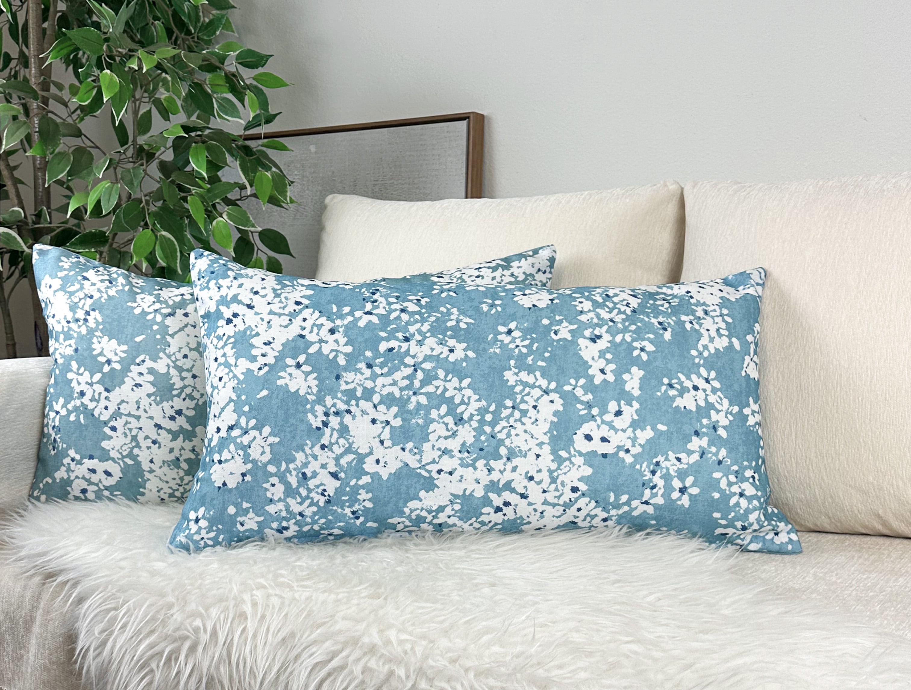 Aqua Floral Polyester Euro Throw Pillow Covers, 12" x 24"