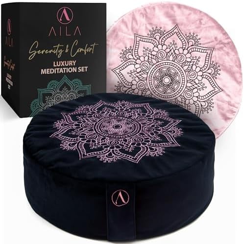 Aila Premium Meditation Cushion  Ergonomic Zafu Pillow with Buckwheat Filling  Includes Extra Washable Cover  Floor Cushion for Comfort & Posture Support  Ideal for Yoga, Mindfulness & Relaxation