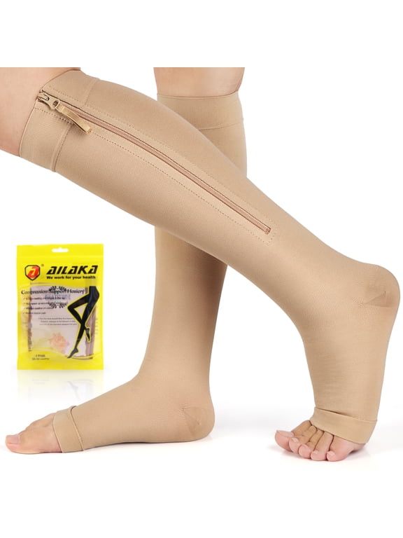 20-30 mmHg Open Toe Zipper Compression Socks, Firm Graduated Knee High Support for Varicose Veins, Edema & Post-Surgery, 1 Pair
