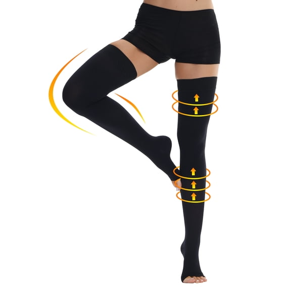 Ailaka 20-30mmHg Thigh High Compression Socks, Open Toe Graduated Pressure with Silicone Band for Varicose Veins, Edema, Post-Surgery, 1 Pair for Men Women