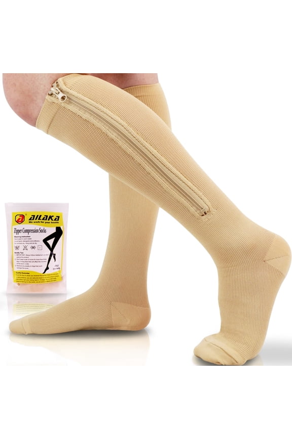 Medical 15-20 mmHg Zipper Compression Socks Women Men,Beige,1Pair