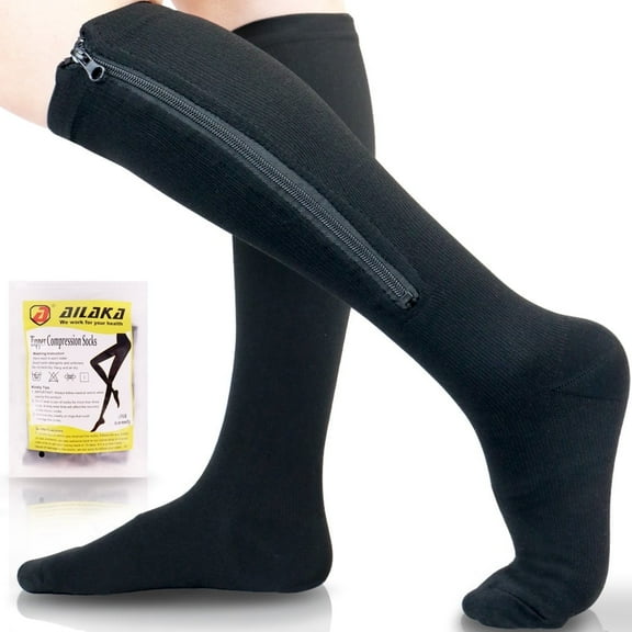 Ailaka 15-20 mmHg Zipper Compression Socks Women Men,Black,1 Pair