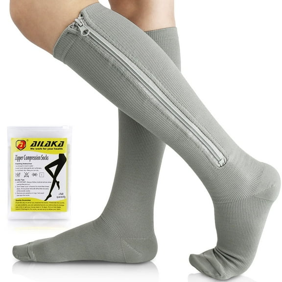 Ailaka Medical 15-20 mmHg Zipper Compression Socks Women Men,Grey,1Pair