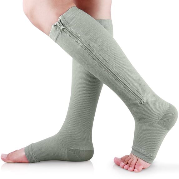 Ailaka Zipper Compression Socks, 15-20 mmHg Knee High Open Toe Compression Socks for Men Women, Grey,1 Pair
