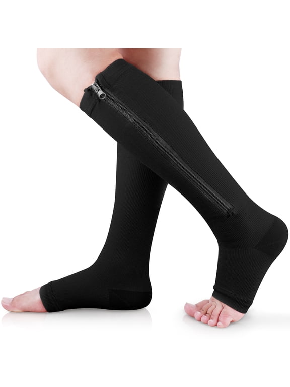Zipper Compression Socks, 15-20 mmHg Knee High Open Toe Compression Socks for Men Women,Black,1 Pair