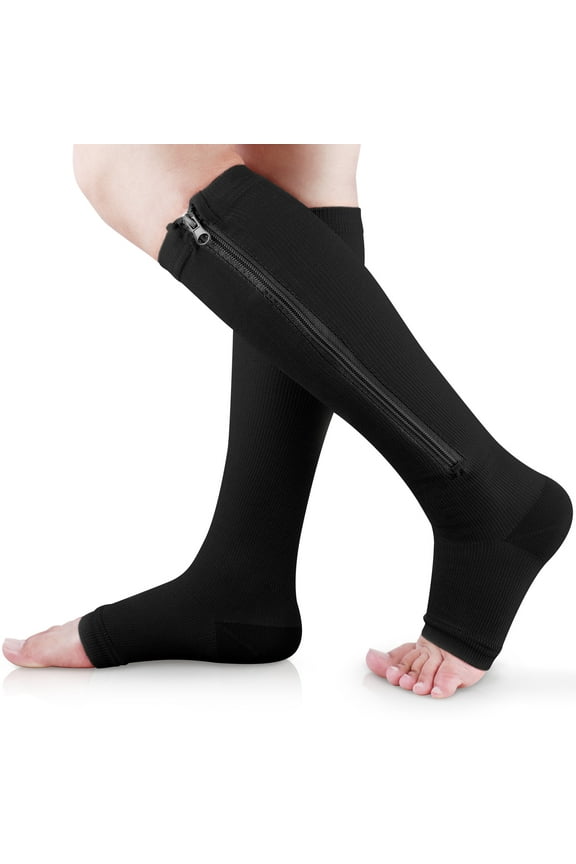 Zipper Compression Socks, 15-20 mmHg Knee High Open Toe Compression Socks for Men Women,Black,1 Pair