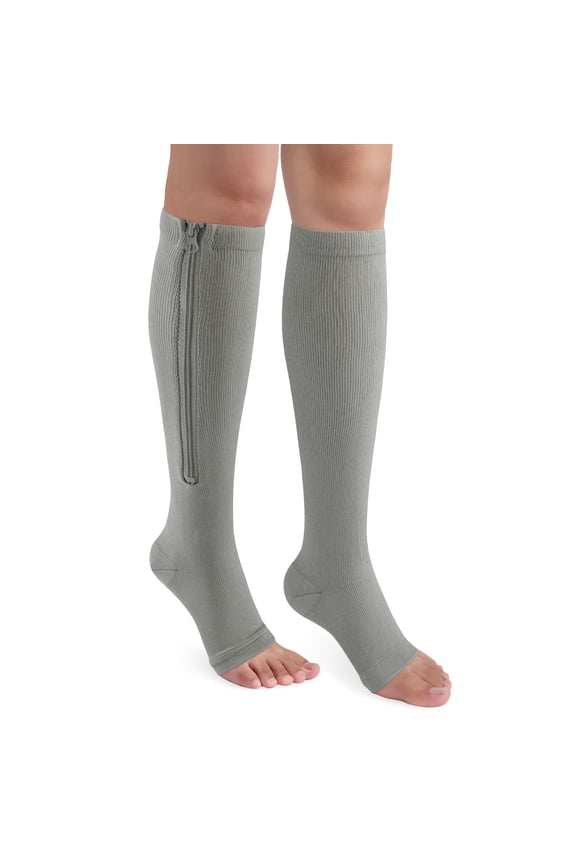Zipper Compression Socks 15-20 mmHg for Women & Men - Open Toe Knee High Support Socks with Easy On/Off Zipper, 1 Pair