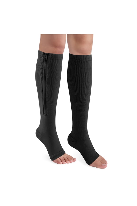 Zipper Compression Socks 15-20 mmHg for Women & Men - Open Toe Knee High Support Socks with Easy On/Off Zipper, 1 Pair